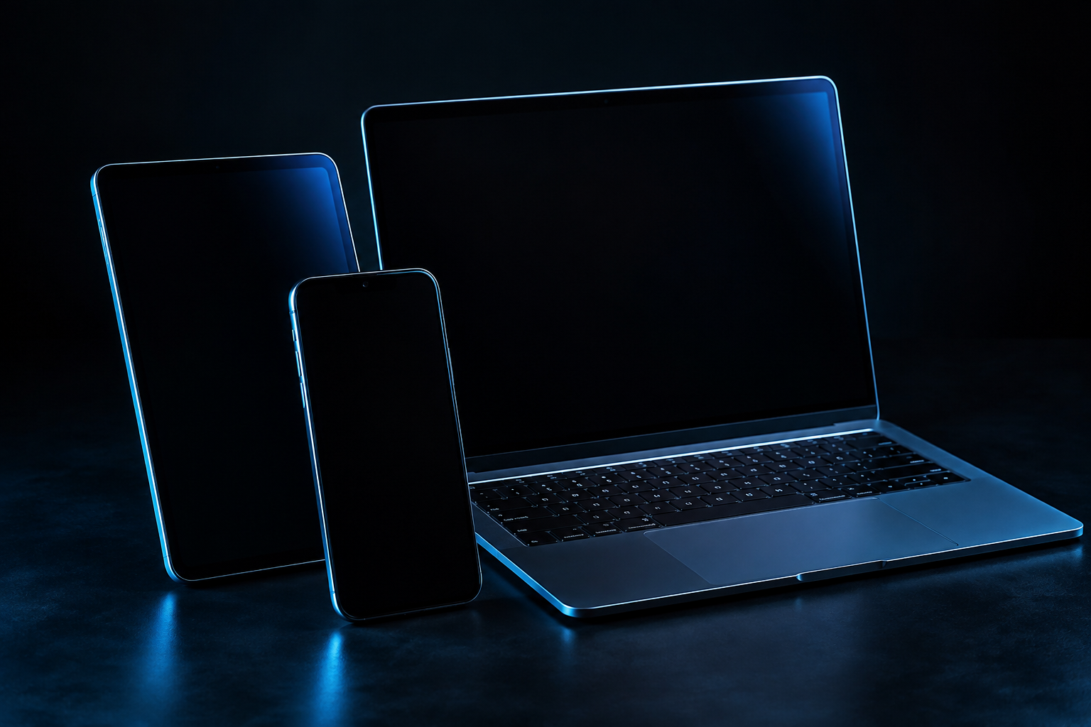 Phone, tablet and laptop illuminated in blue on a dark surface